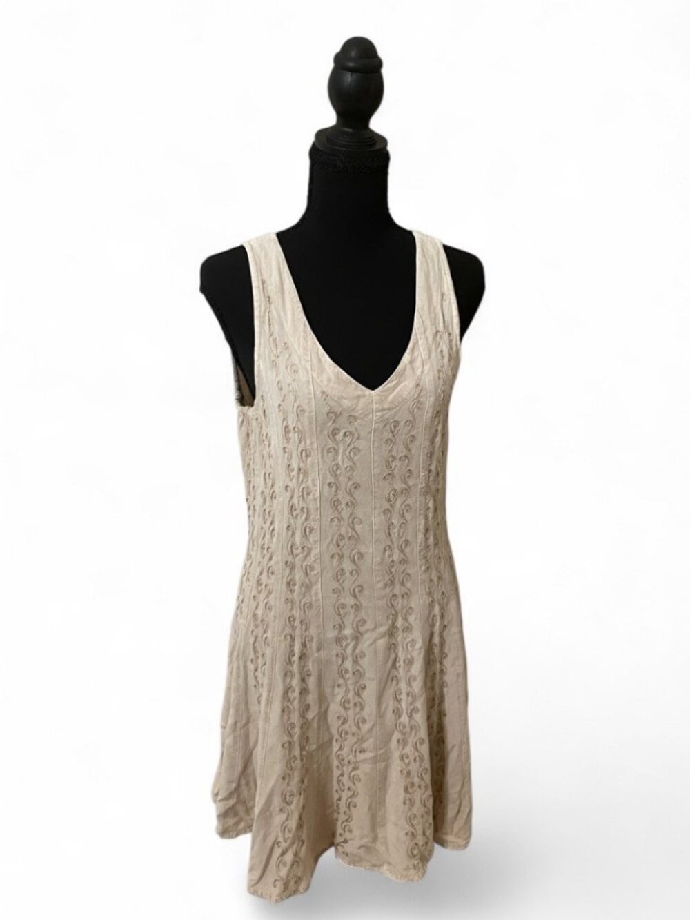 Sacred Threads Cream Tan Mini Dress Hippie Boho Embroidered Bohemian Flowy, M